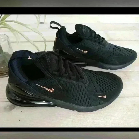 Women's Bling Nike Air Max 270 Black Gold Sneakers made with Crystals - Picture 3 of 7